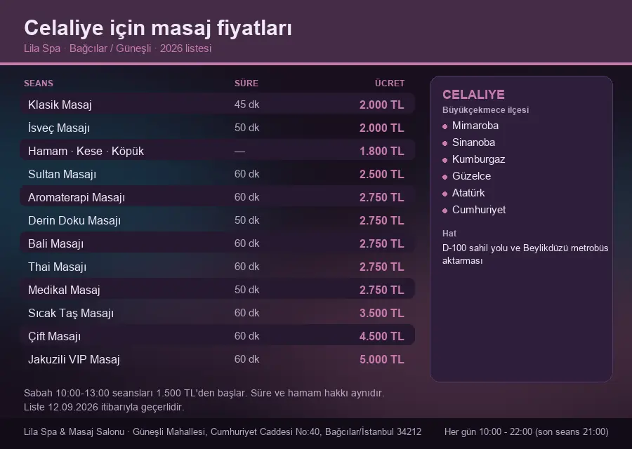 Celaliye sayfası için Lila Spa masaj fiyat tablosu: seans, süre ve ücret listesi