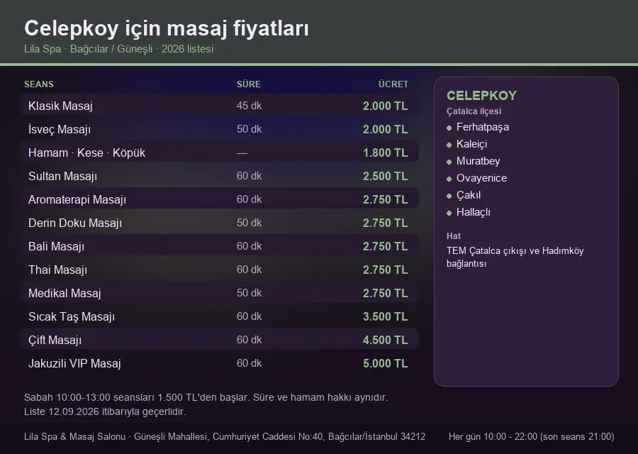 Celepkoy sayfası için Lila Spa masaj fiyat tablosu: seans, süre ve ücret listesi