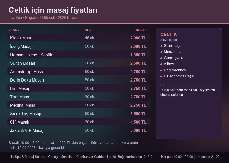 Celtik sayfası için Lila Spa masaj fiyat tablosu: seans, süre ve ücret listesi