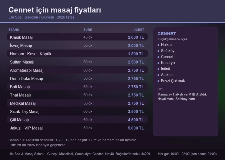 Cennet sayfası için Lila Spa masaj fiyat tablosu: seans, süre ve ücret listesi