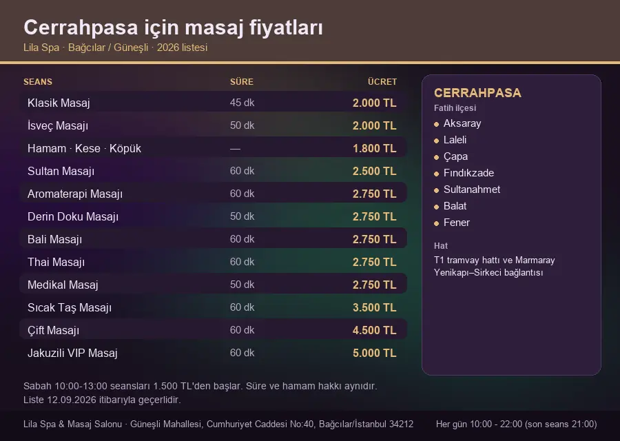 Cerrahpasa sayfası için Lila Spa masaj fiyat tablosu: seans, süre ve ücret listesi