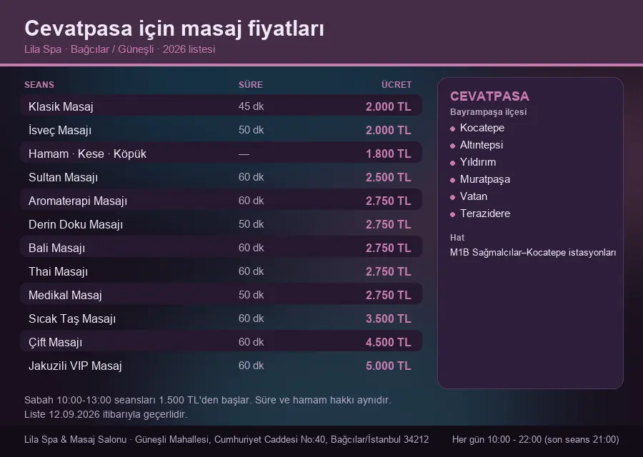 Cevatpasa sayfası için Lila Spa masaj fiyat tablosu: seans, süre ve ücret listesi