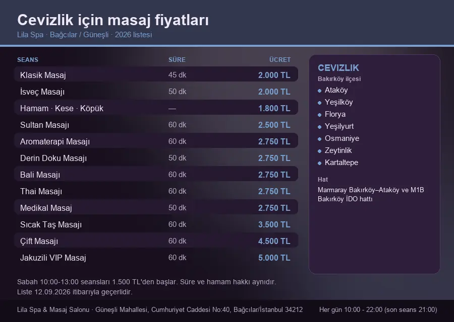 Cevizlik sayfası için Lila Spa masaj fiyat tablosu: seans, süre ve ücret listesi
