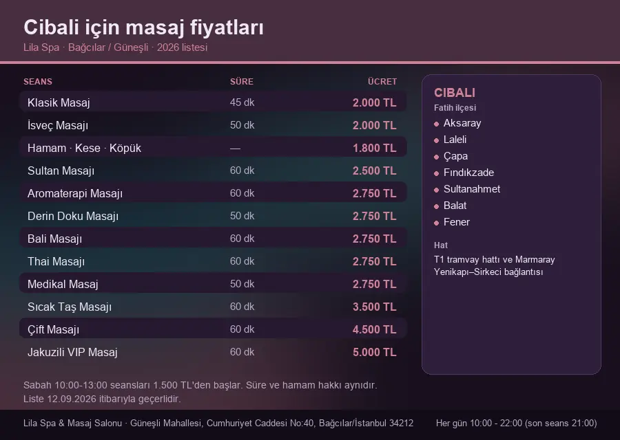 Cibali sayfası için Lila Spa masaj fiyat tablosu: seans, süre ve ücret listesi