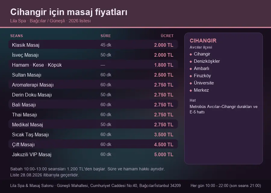 Cihangir sayfası için Lila Spa masaj fiyat tablosu: seans, süre ve ücret listesi