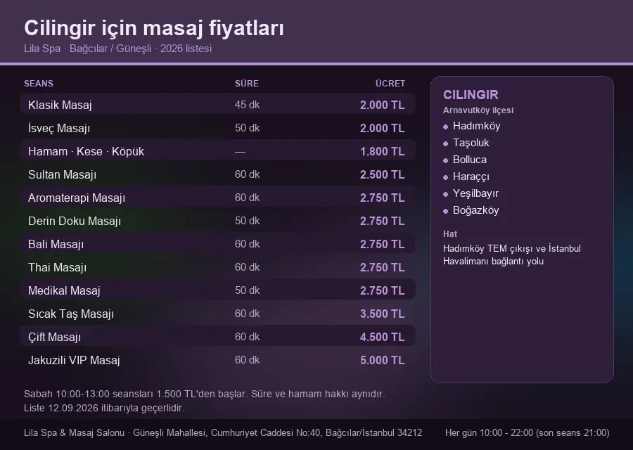 Cilingir sayfası için Lila Spa masaj fiyat tablosu: seans, süre ve ücret listesi