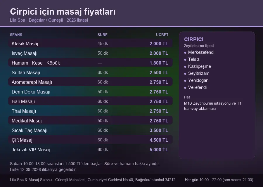 Cirpici sayfası için Lila Spa masaj fiyat tablosu: seans, süre ve ücret listesi