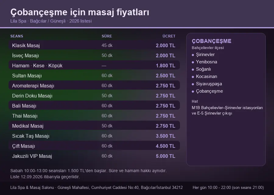 Çobançeşme sayfası için Lila Spa masaj fiyat tablosu: seans, süre ve ücret listesi