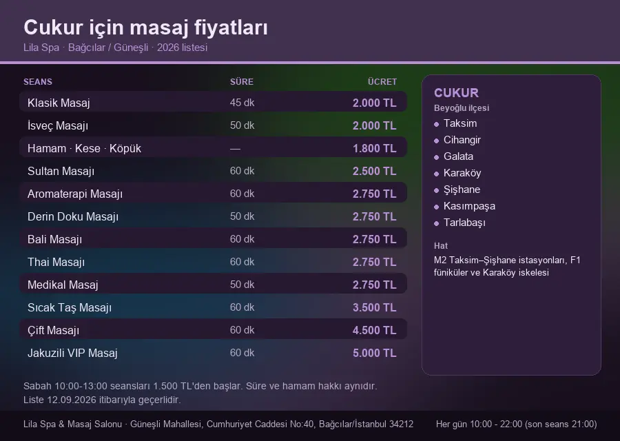Cukur sayfası için Lila Spa masaj fiyat tablosu: seans, süre ve ücret listesi