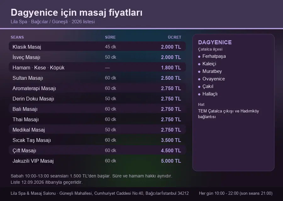 Dagyenice sayfası için Lila Spa masaj fiyat tablosu: seans, süre ve ücret listesi