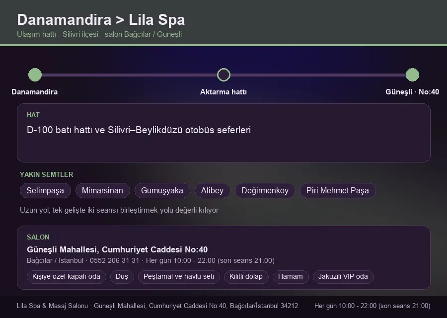 Danamandira içinden Lila Spa'ya ulaşım hattı şeması: D-100 batı hattı ve Silivri–Beylikdüzü otobüs seferleri