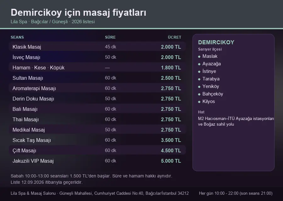 Demircikoy sayfası için Lila Spa masaj fiyat tablosu: seans, süre ve ücret listesi