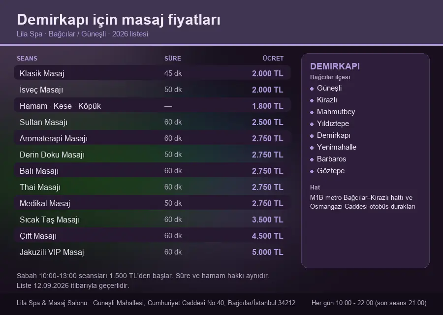 Demirkapı sayfası için Lila Spa masaj fiyat tablosu: seans, süre ve ücret listesi