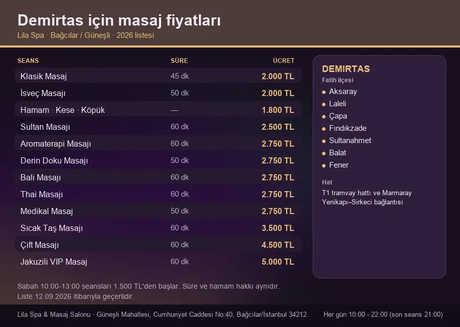 Demirtas sayfası için Lila Spa masaj fiyat tablosu: seans, süre ve ücret listesi