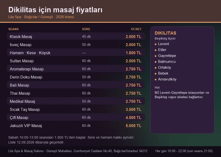 Dikilitas sayfası için Lila Spa masaj fiyat tablosu: seans, süre ve ücret listesi