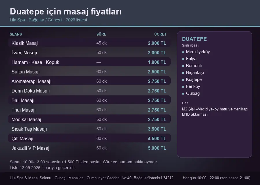 Duatepe sayfası için Lila Spa masaj fiyat tablosu: seans, süre ve ücret listesi