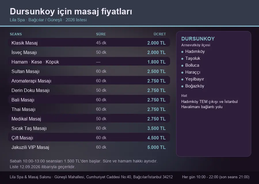 Dursunkoy sayfası için Lila Spa masaj fiyat tablosu: seans, süre ve ücret listesi