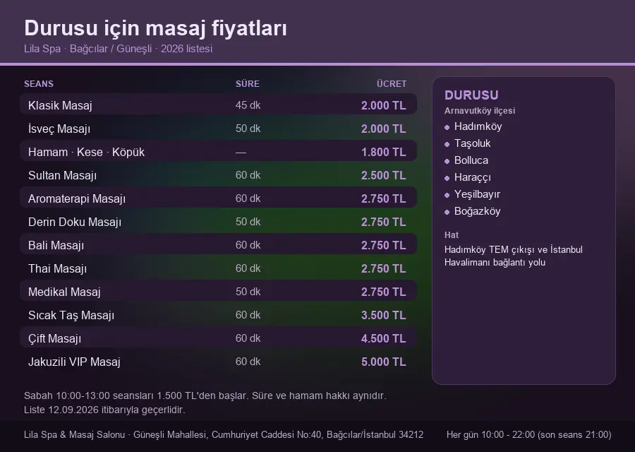 Durusu sayfası için Lila Spa masaj fiyat tablosu: seans, süre ve ücret listesi