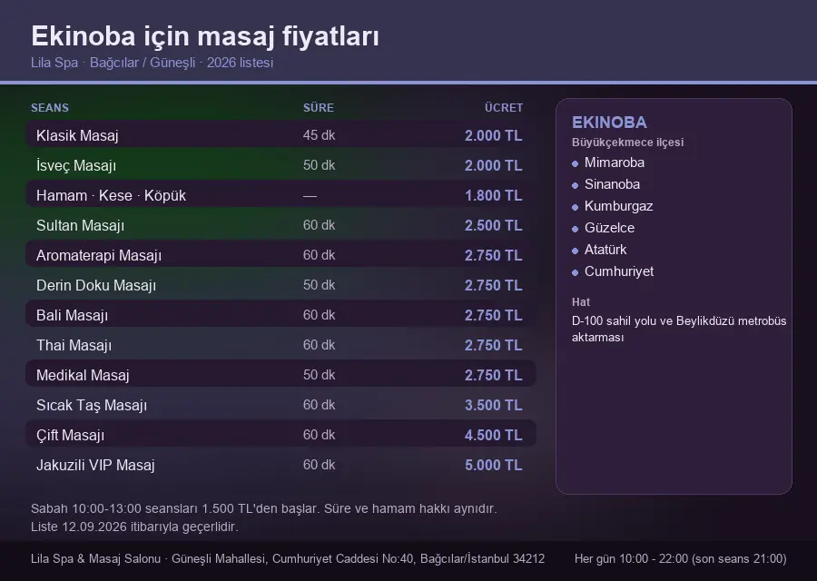 Ekinoba sayfası için Lila Spa masaj fiyat tablosu: seans, süre ve ücret listesi