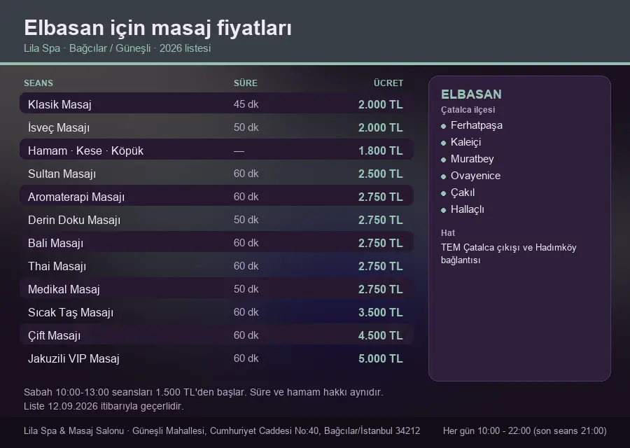 Elbasan sayfası için Lila Spa masaj fiyat tablosu: seans, süre ve ücret listesi