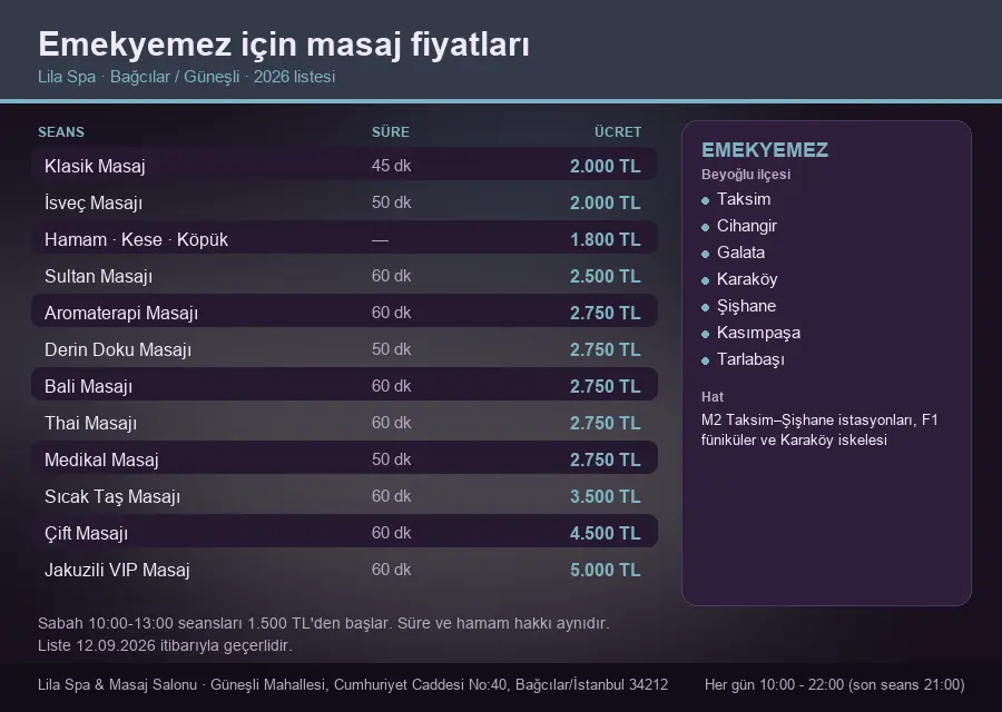Emekyemez sayfası için Lila Spa masaj fiyat tablosu: seans, süre ve ücret listesi