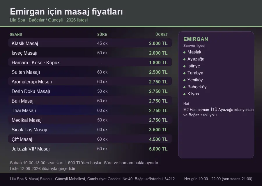 Emirgan sayfası için Lila Spa masaj fiyat tablosu: seans, süre ve ücret listesi