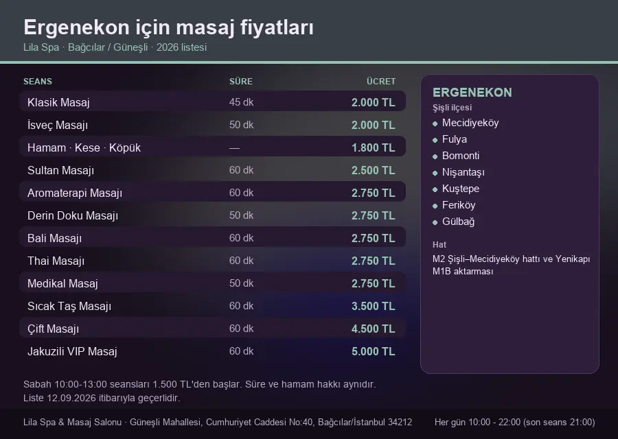 Ergenekon sayfası için Lila Spa masaj fiyat tablosu: seans, süre ve ücret listesi