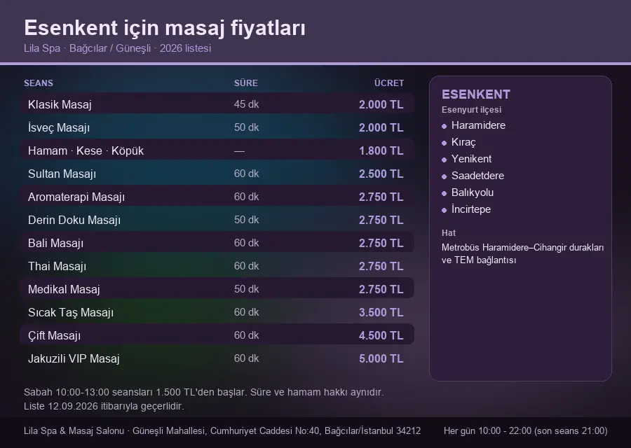 Esenkent sayfası için Lila Spa masaj fiyat tablosu: seans, süre ve ücret listesi