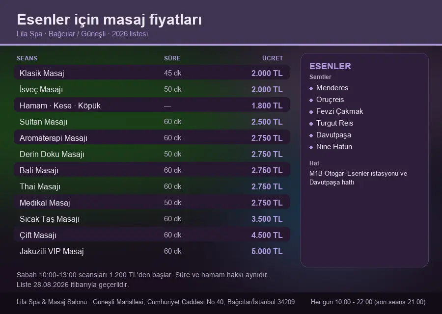 Esenler sayfası için Lila Spa masaj fiyat tablosu: seans, süre ve ücret listesi