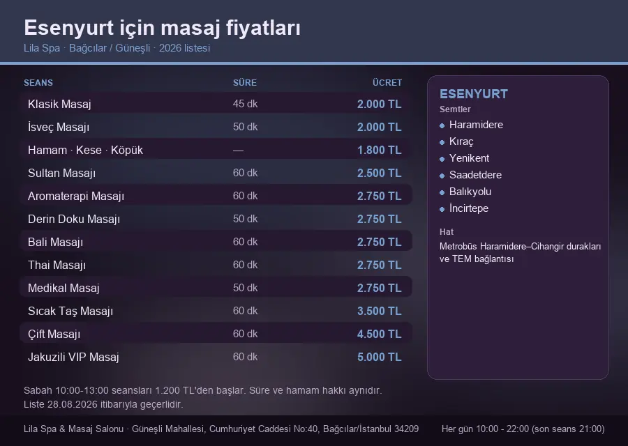Esenyurt sayfası için Lila Spa masaj fiyat tablosu: seans, süre ve ücret listesi