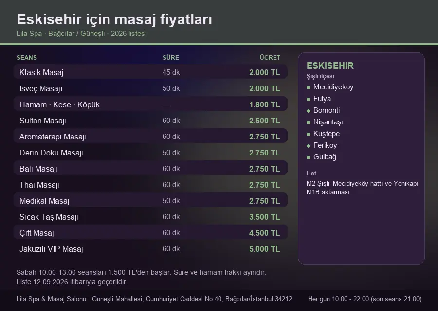 Eskisehir sayfası için Lila Spa masaj fiyat tablosu: seans, süre ve ücret listesi
