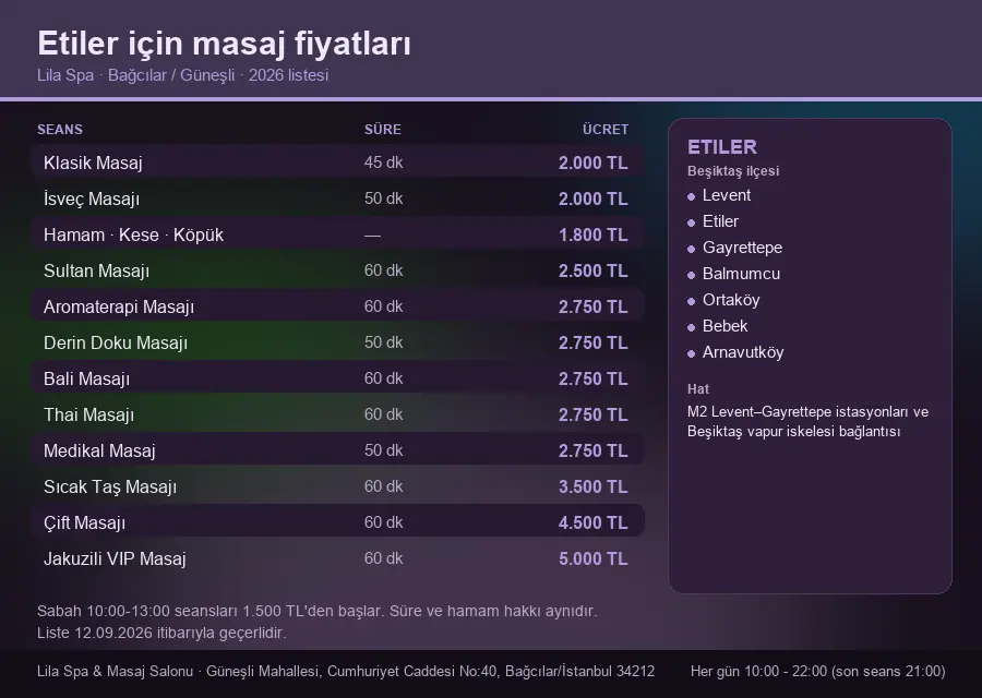 Etiler sayfası için Lila Spa masaj fiyat tablosu: seans, süre ve ücret listesi
