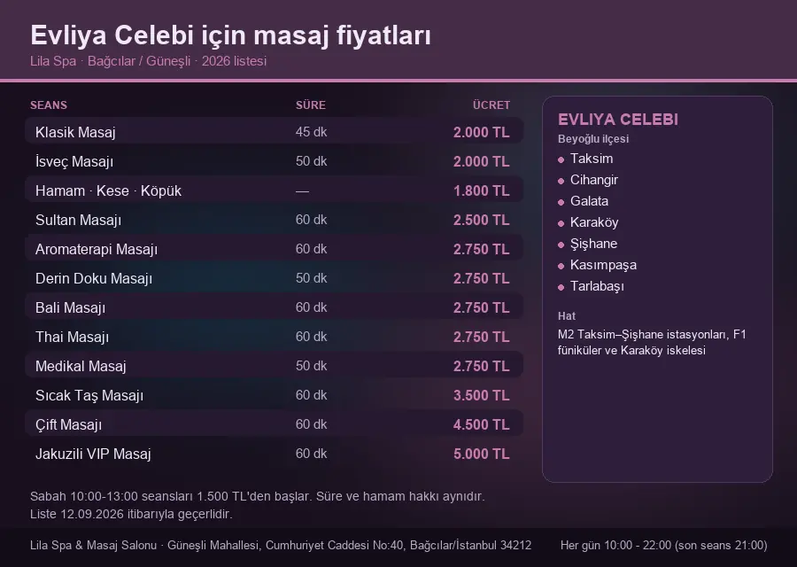 Evliya Celebi sayfası için Lila Spa masaj fiyat tablosu: seans, süre ve ücret listesi