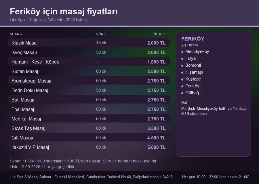 Feriköy sayfası için Lila Spa masaj fiyat tablosu: seans, süre ve ücret listesi