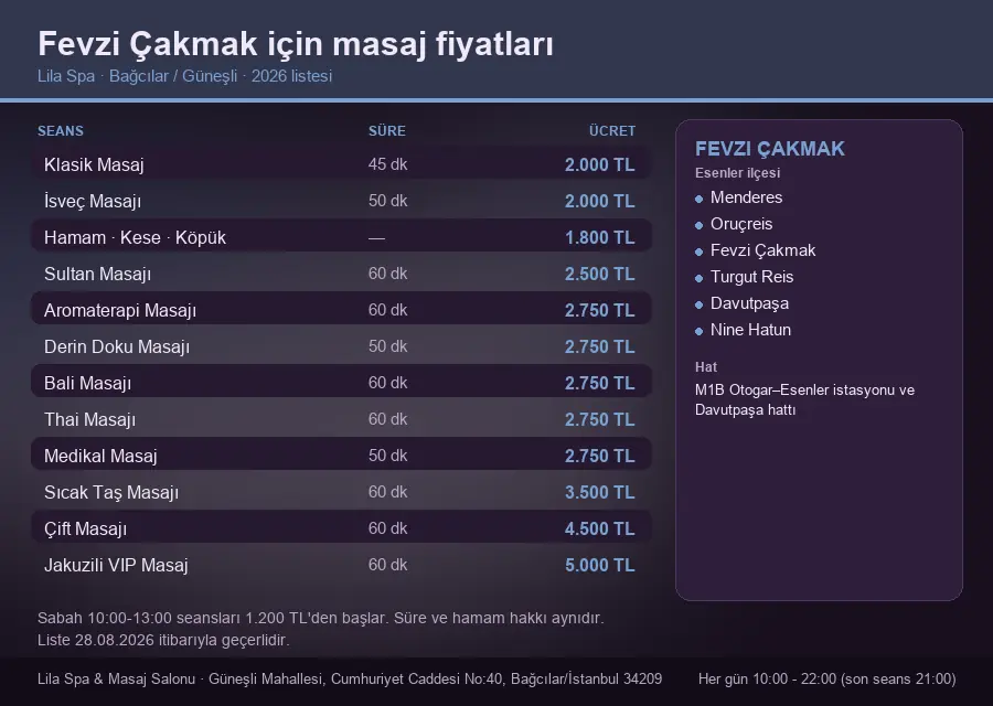 Fevzi Çakmak sayfası için Lila Spa masaj fiyat tablosu: seans, süre ve ücret listesi