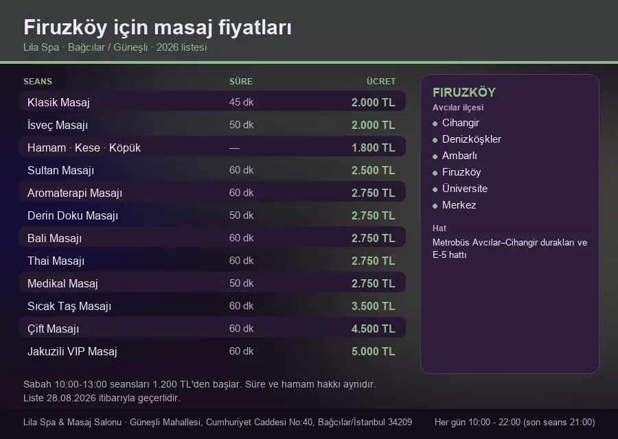 Firuzköy sayfası için Lila Spa masaj fiyat tablosu: seans, süre ve ücret listesi
