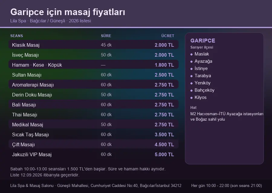 Garipce sayfası için Lila Spa masaj fiyat tablosu: seans, süre ve ücret listesi