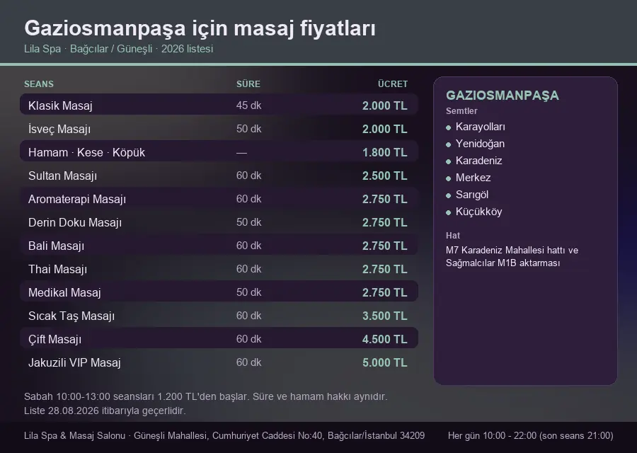Gaziosmanpaşa sayfası için Lila Spa masaj fiyat tablosu: seans, süre ve ücret listesi