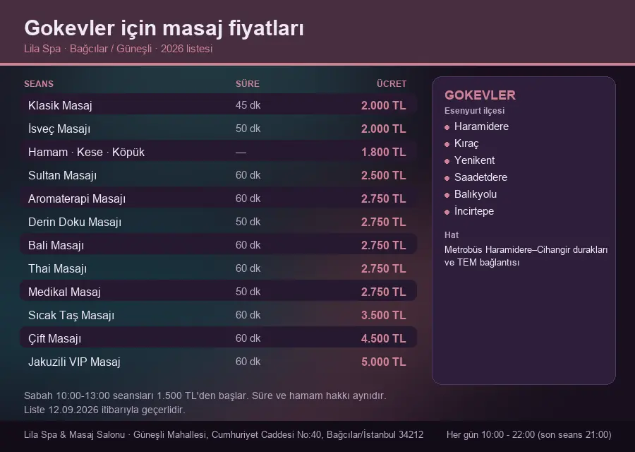 Gokevler sayfası için Lila Spa masaj fiyat tablosu: seans, süre ve ücret listesi
