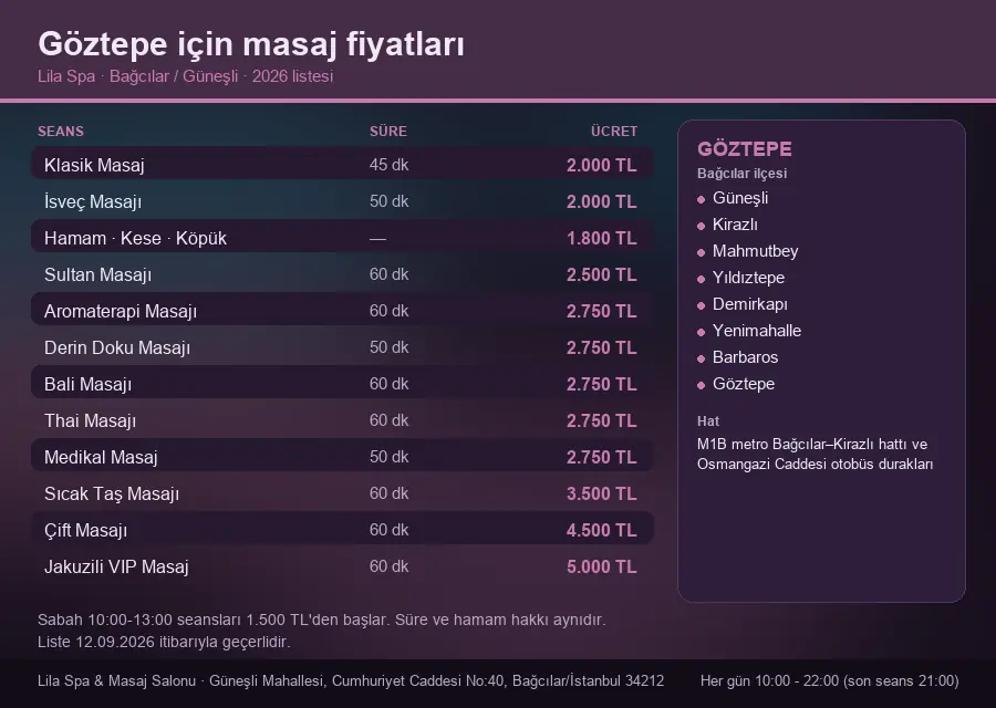 Göztepe sayfası için Lila Spa masaj fiyat tablosu: seans, süre ve ücret listesi