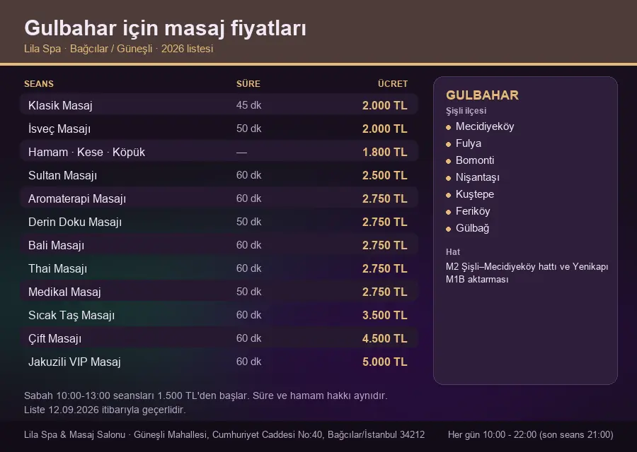 Gulbahar sayfası için Lila Spa masaj fiyat tablosu: seans, süre ve ücret listesi