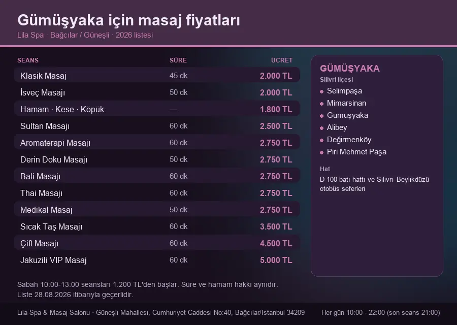 Gümüşyaka sayfası için Lila Spa masaj fiyat tablosu: seans, süre ve ücret listesi