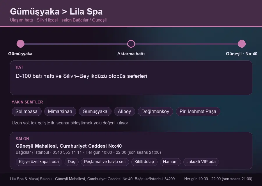 Gümüşyaka içinden Lila Spa'ya ulaşım hattı şeması: D-100 batı hattı ve Silivri–Beylikdüzü otobüs seferleri