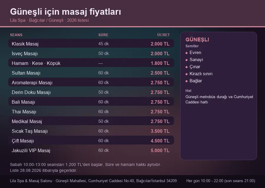 Güneşli sayfası için Lila Spa masaj fiyat tablosu: seans, süre ve ücret listesi