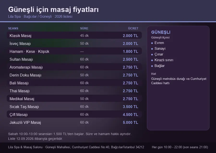 Güneşli sayfası için Lila Spa masaj fiyat tablosu: seans, süre ve ücret listesi