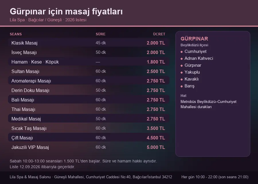 Gürpınar sayfası için Lila Spa masaj fiyat tablosu: seans, süre ve ücret listesi