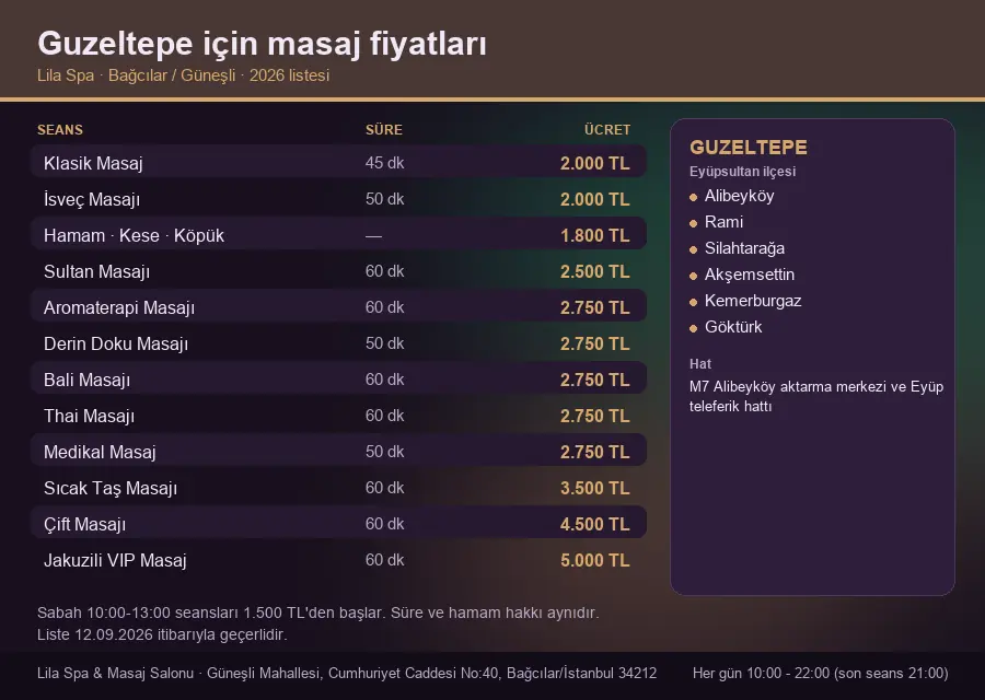 Guzeltepe sayfası için Lila Spa masaj fiyat tablosu: seans, süre ve ücret listesi