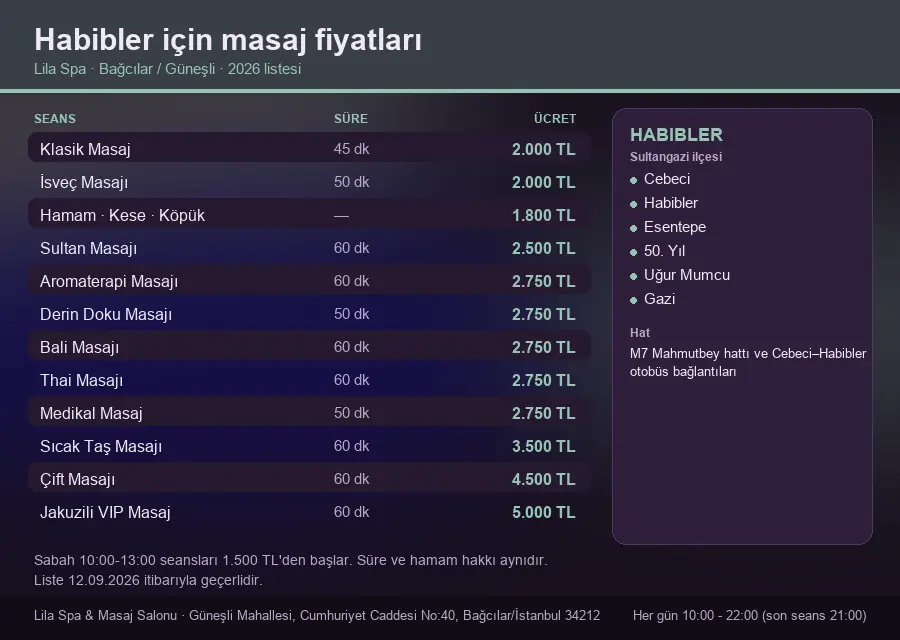 Habibler sayfası için Lila Spa masaj fiyat tablosu: seans, süre ve ücret listesi