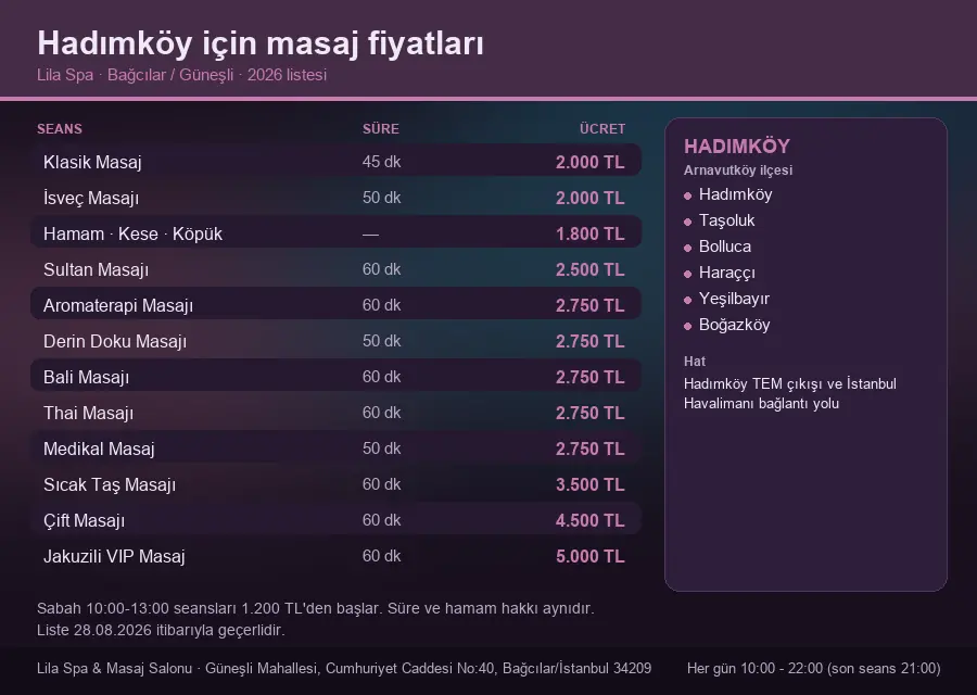 Hadımköy sayfası için Lila Spa masaj fiyat tablosu: seans, süre ve ücret listesi