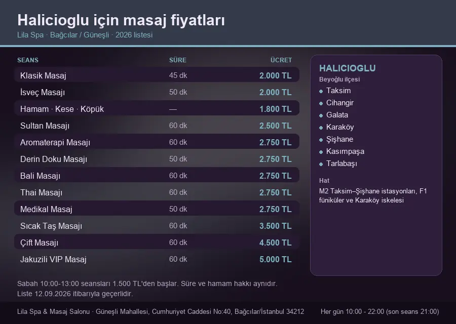 Halicioglu sayfası için Lila Spa masaj fiyat tablosu: seans, süre ve ücret listesi